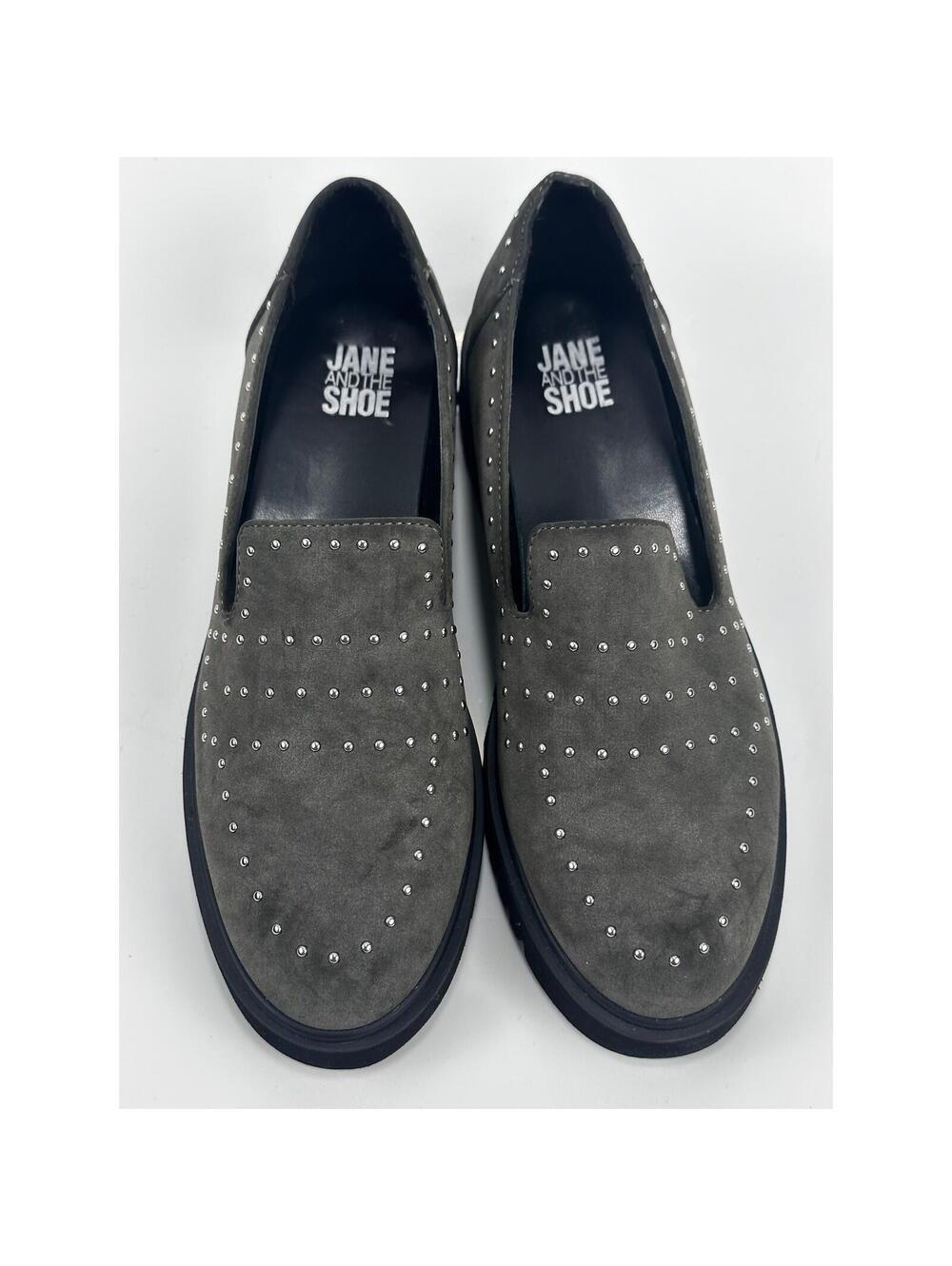 Jane and the Shoe Elena Loafers Womens 7.5 Grey StuddedChunky Lug Sole Edgy Slip